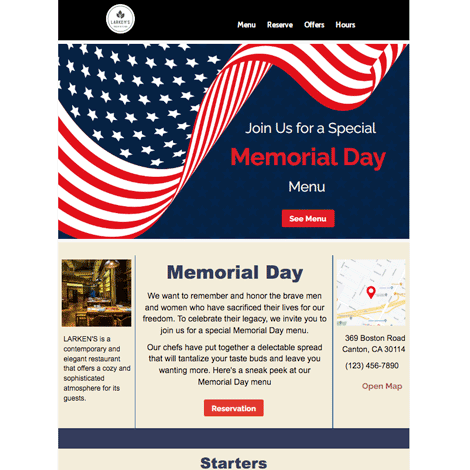 Memorial Day Special Menu with Location Map